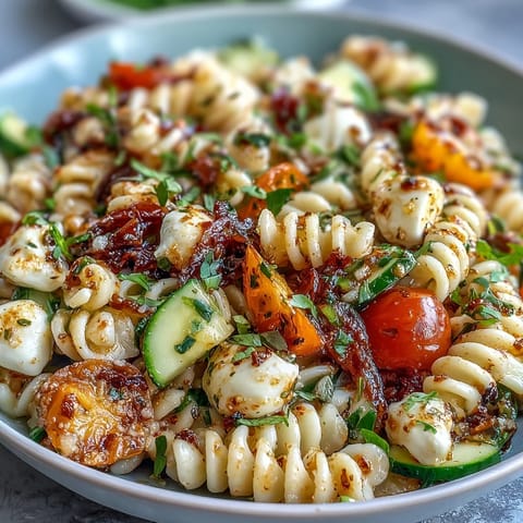 Easy pasta salad recipe featuring rotini, fresh vegetables, and zesty Italian dressing, ideal for quick meals or potlucks.  