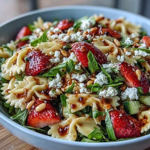 Fresh Spring Pasta Salad with Strawberries, Feta, and Arugula in a colorful bowl, perfect for light lunches or picnics.