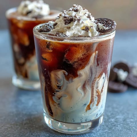 A glass of rich cold brew coffee swirled with creamy cookies-and-cream milk and topped with whipped cream.