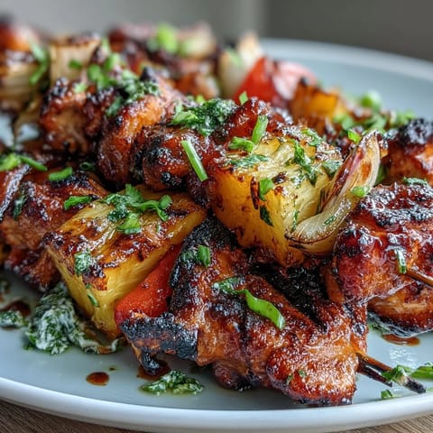 Colorful grilled chicken and pineapple skewers with vibrant bell peppers, creating a tropical main dish.  