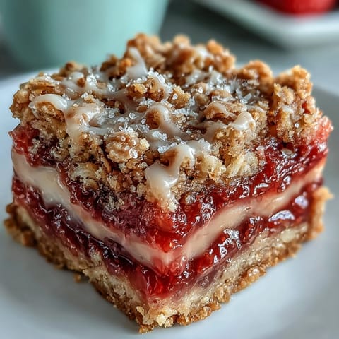A golden, crumbly oat topping reveals juicy strawberries and tangy rhubarb beneath in these irresistible spring dessert bars.