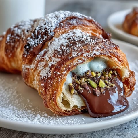 Luxurious Dubai Chocolate Pistachio Croissant French Toast with melted chocolate filling and crushed pistachios.