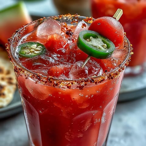 Vibrant Cinco de Mayo watermelon jalapeño margarita mocktail in a salt-rimmed glass with lime and watermelon garnish.