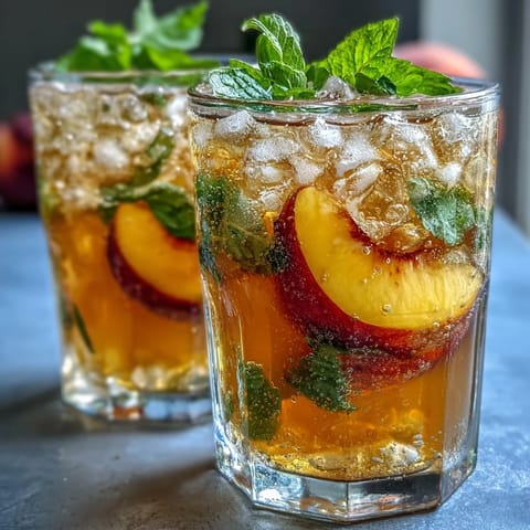 Iced peach green tea lemonade with fresh peach slices and mint garnish in a tall glass over ice.