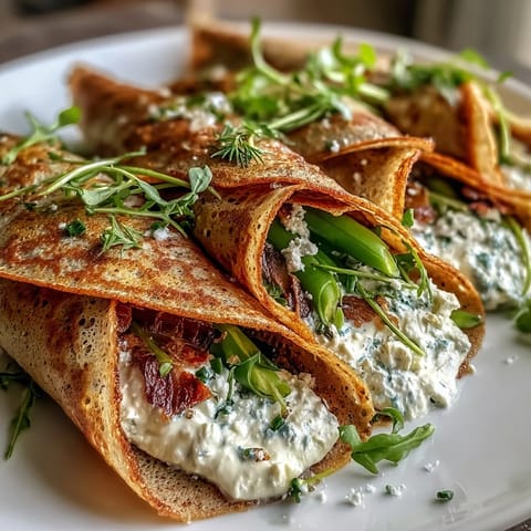 Savory spring buckwheat crepes filled with vibrant vegetables embracing creamy herbed cheese.