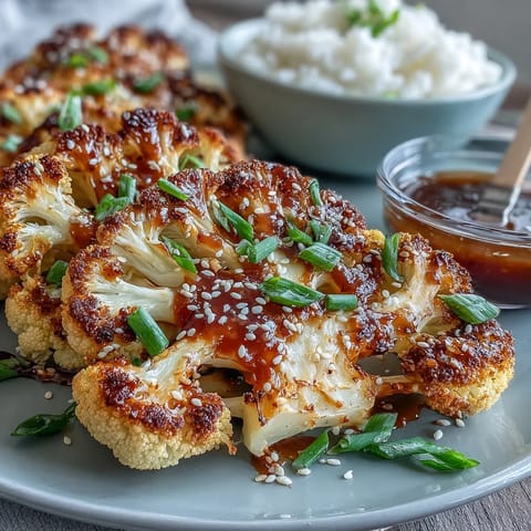 Juicy, pan-seared Teriyaki Cauliflower Steaks with vibrant sesame seeds and scallions.