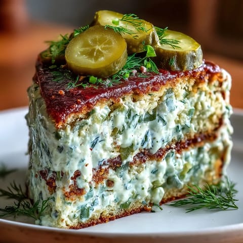 Moist Pickle Cake layers peeking through creamy, fresh dill frosting.