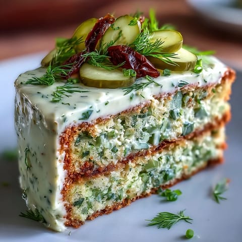 Savory Pickle Cake with tangy dill frosting, a delicious appetizer option.