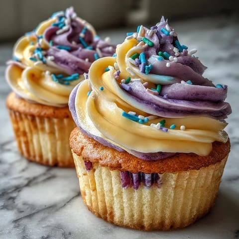 Fluffy Gemini Birthday Cupcakes topped with a vibrant swirl of dual-tone vanilla frosting.