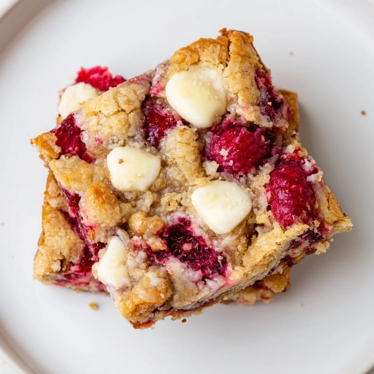 Golden-brown decadent white chocolate and raspberry blondies, invitingly cut into squares, ready for a dessert plate.