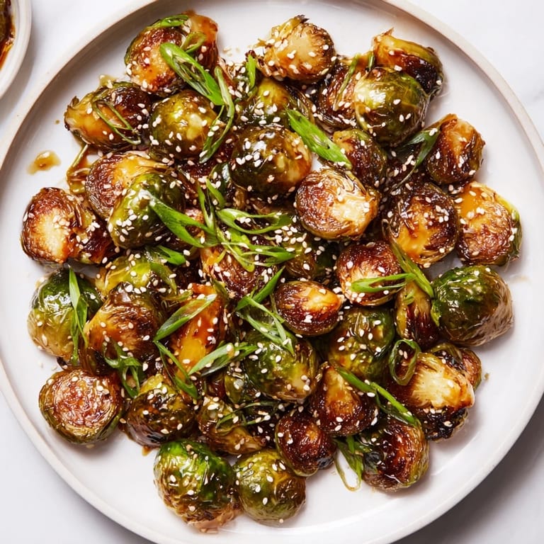 A close-up of perfectly roasted Honey-Soy Glazed Brussels Sprouts, coated in a luscious, flavorful glaze.