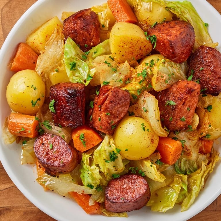 A close-up of a steaming, delicious All-in-One Pan Sausage and Cabbage dish, ready to eat alongside a side.