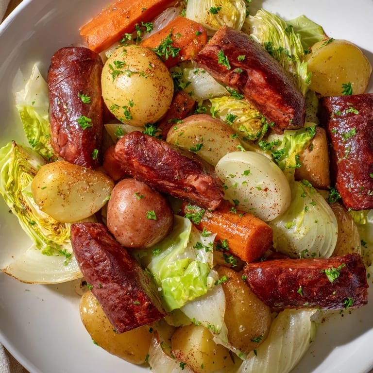 Savory All-in-One Pan Sausage and Cabbage bake with roasted potatoes, carrots, and onions, ready for serving.