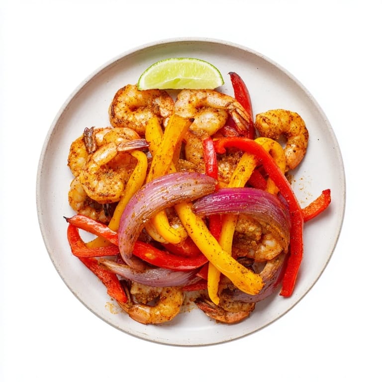 Delicious and colorful Easy Sheet Pan Shrimp Fajitas, served with warm tortillas and fresh lime wedges to enjoy.