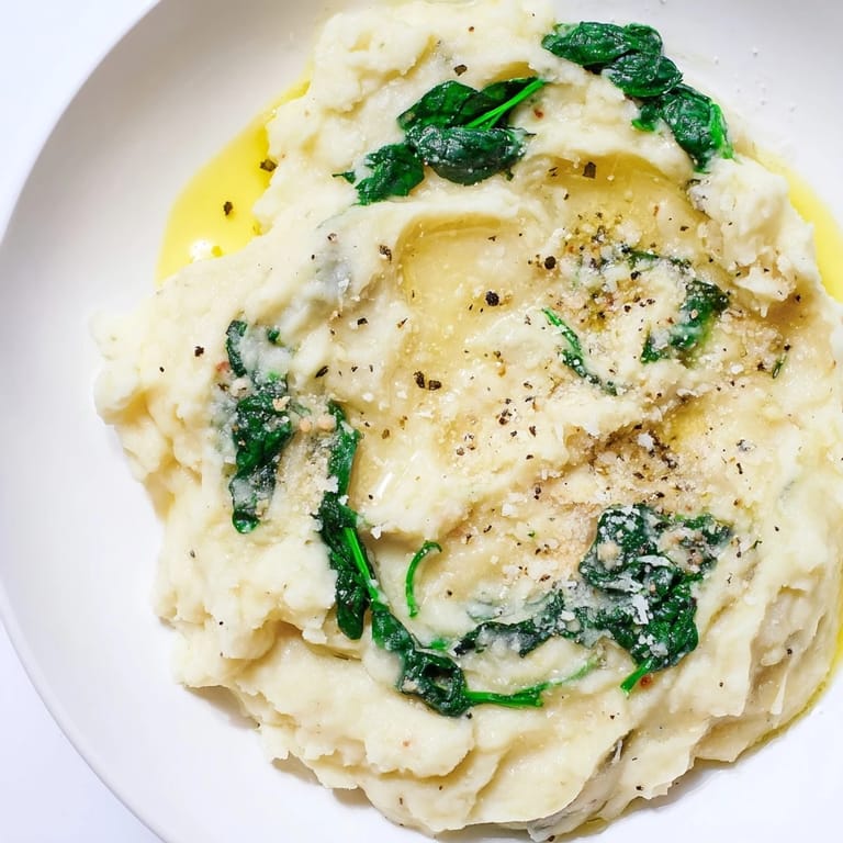 A close up shows the delicious Creamy Spinach and Parmesan Mashed Potatoes, steaming and ready to be served.