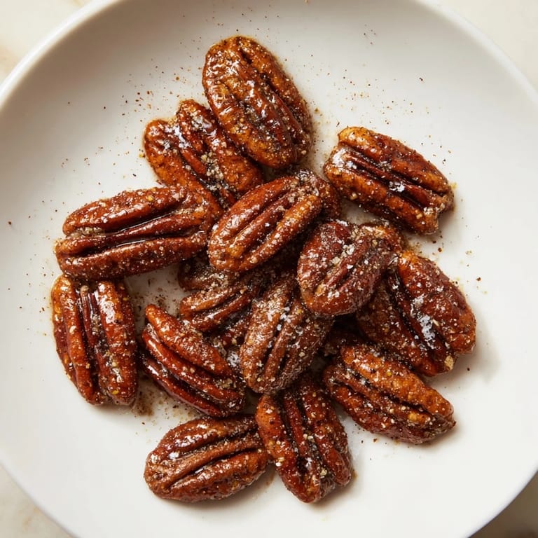A close-up of delicious Simple Garlic-Honey Roasted Pecans, with a savory, sweet aroma perfect for snacking.
