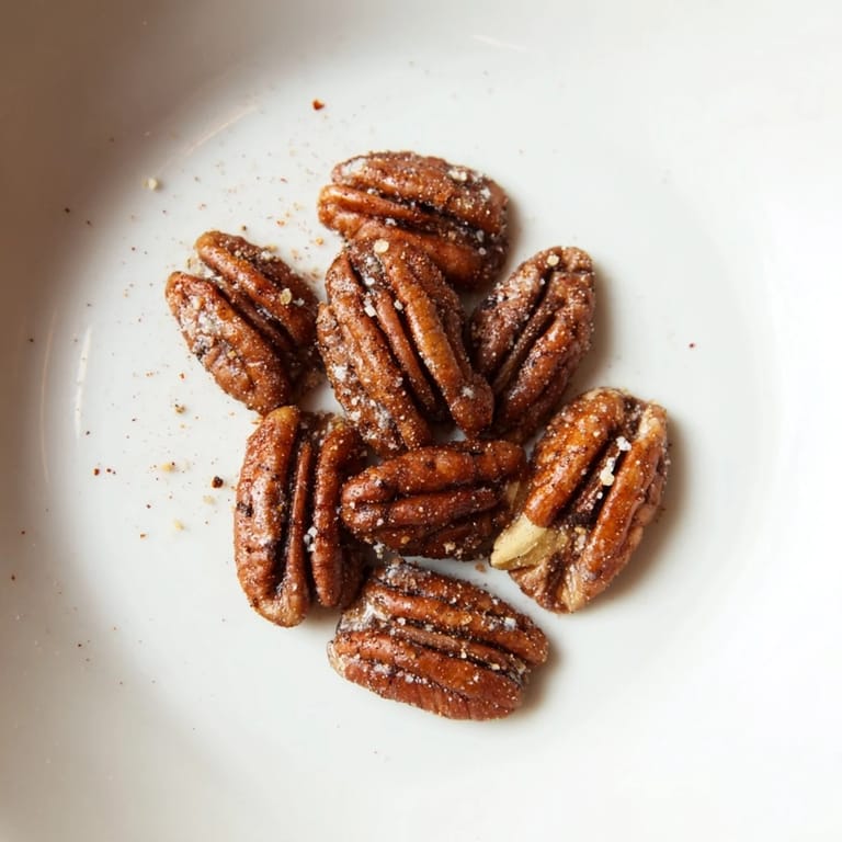 Crispy, roasted Simple Garlic-Honey Pecans, beautifully browned, ideal as a flavorful salad topping or snack.