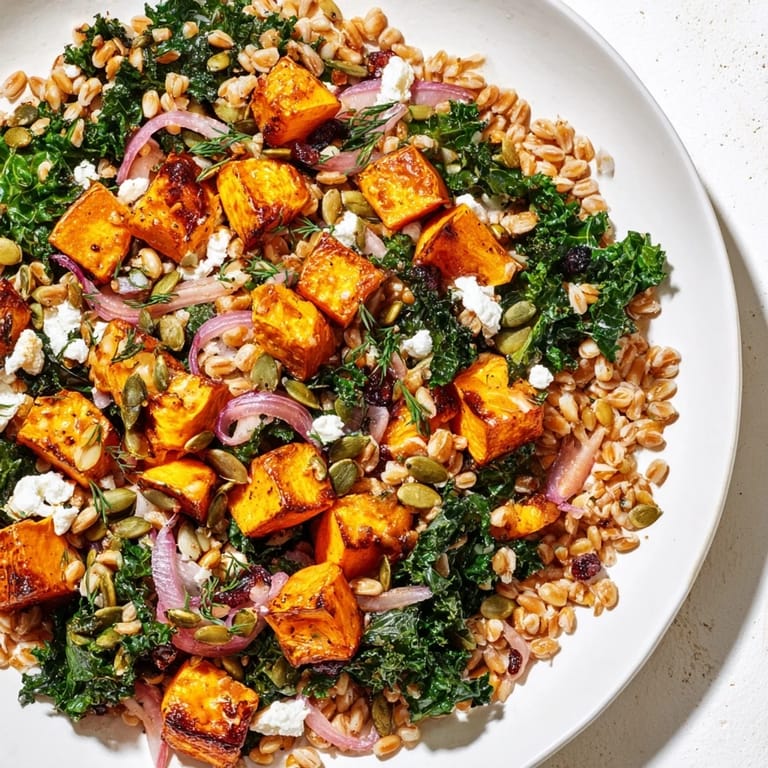 A serving of Harvest Grain Bowl: colorful grains with pumpkin, onions, and crispy kale, ready to eat.