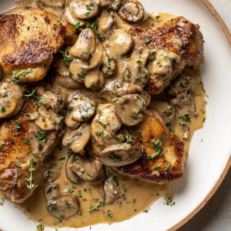 Juicy Skillet-Seared Chicken Breast swimming in a savory, mushroom cream sauce, ready for serving with fresh parsley.