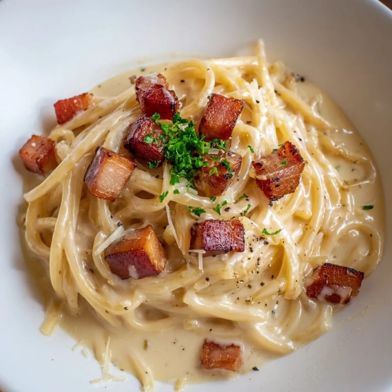 Golden, glistening The Best 15-Minute Creamy Carbonara, served with extra Parmesan and fresh parsley, enticing flavors.