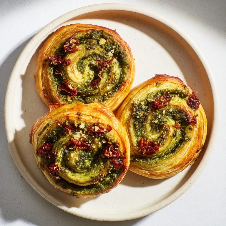 Close-up of baked Savory Sun-Dried Tomato and Pesto Palmiers, showcasing the flaky layers and savory filling.