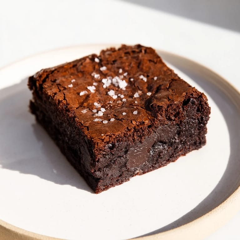 Close-up of freshly baked homemade dark chocolate and sea salt brownies, boasting a deliciously crackled top.