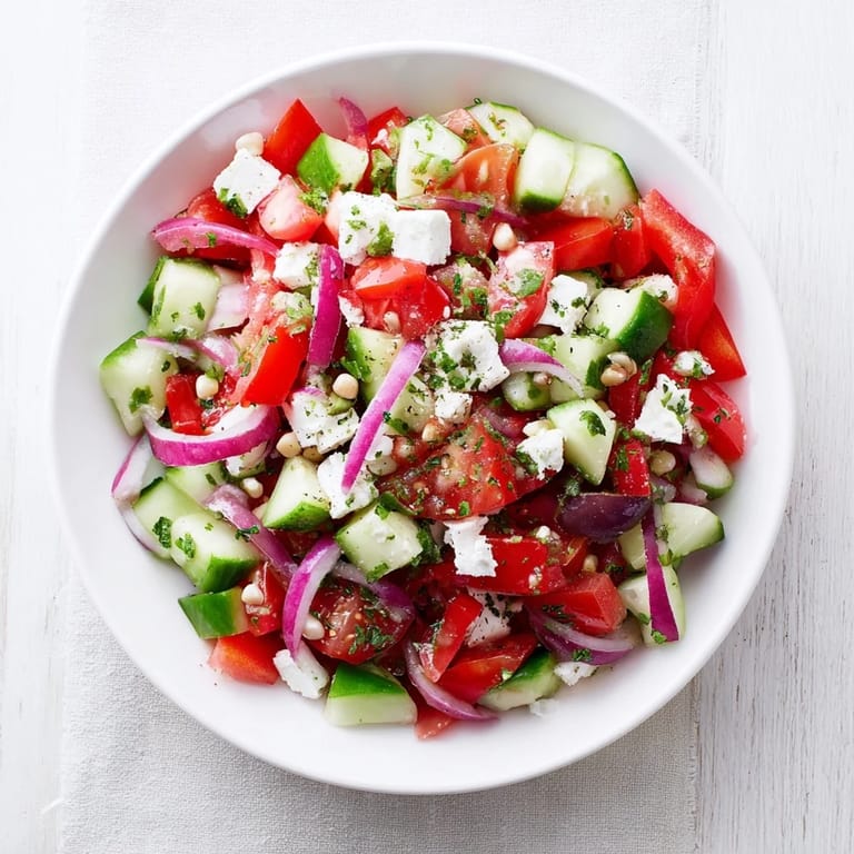 This vibrant Fresh Mediterranean Salad with chickpeas and olives features plump olives and juicy tomatoes.