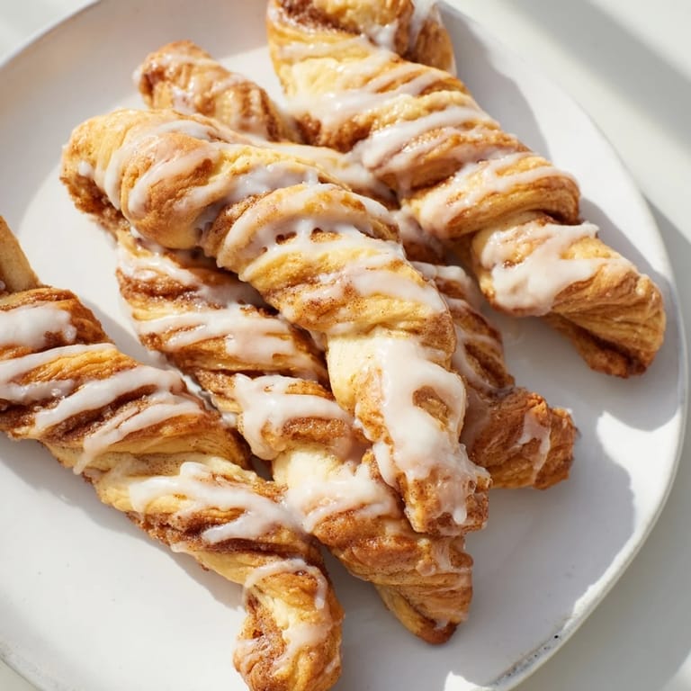 These air-fryer cinnamon roll twists, warm from the basket, are drizzled with a sweet vanilla glaze, perfect for breakfast.
