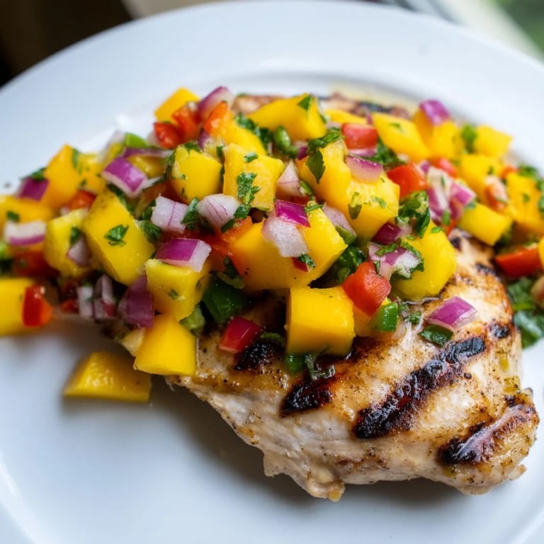 Vibrant image of Grilled Mango Salsa Chicken, ready to eat, served with fresh, colorful ingredients.