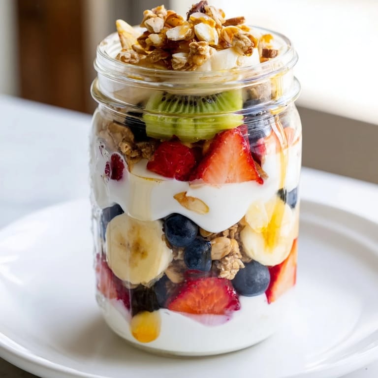 Delicious yogurt fruit parfait, showcasing fresh strawberries, blueberries, banana in a parfait glass.