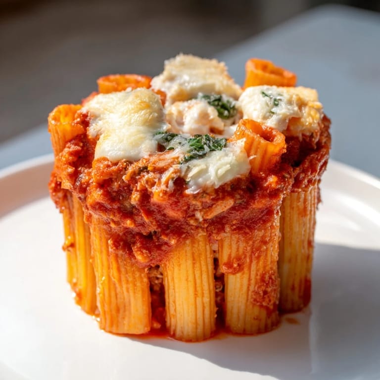 Close-up of baked-to-perfection Ziti Cups, offering a satisfying cheesy pull with every bite.
