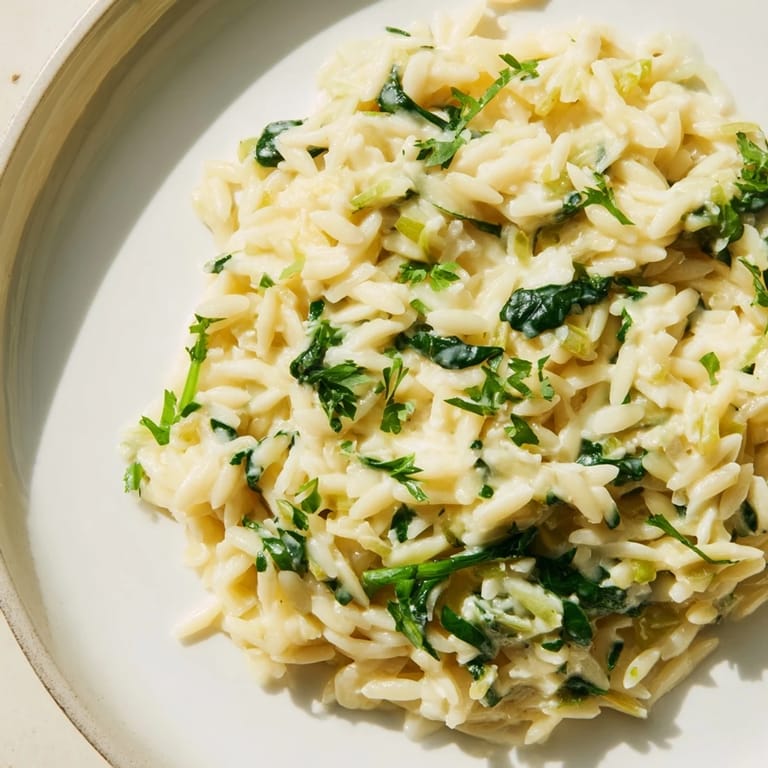 Close-up of a warm, comforting one-pot creamy orzo, featuring tender pasta and wilted spinach.
