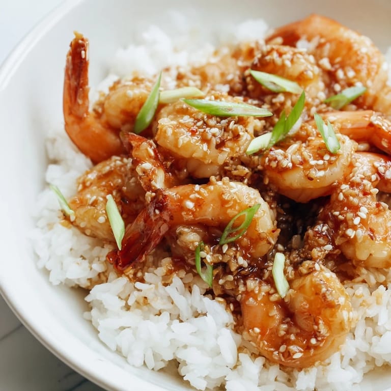 Vibrant Honey Garlic Shrimp with green onions, plated over fluffy white rice, ready to enjoy.