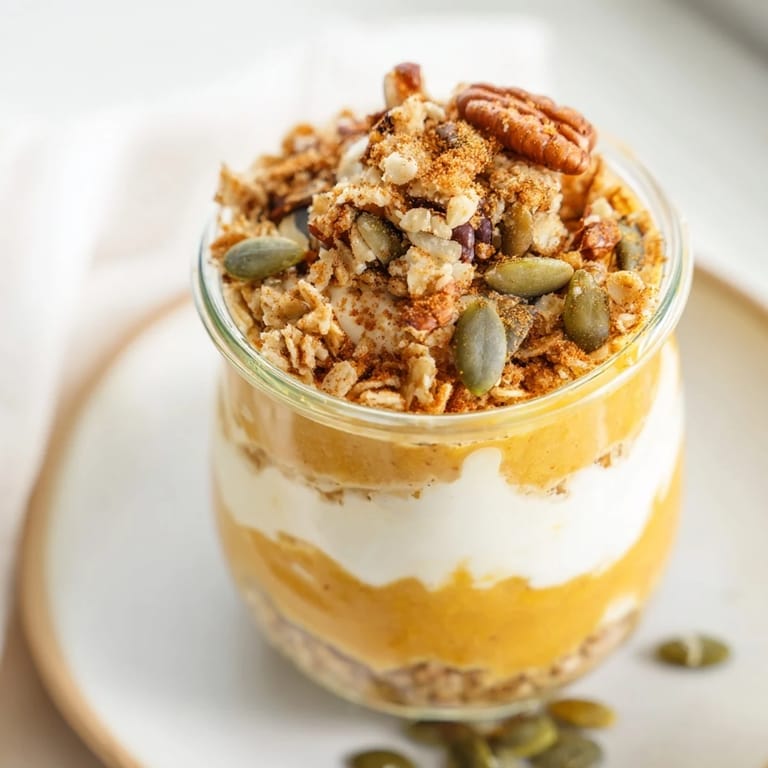 Enjoy this easy-to-make pumpkin yogurt parfait, a perfect quick snack layered with seasonal flavors.