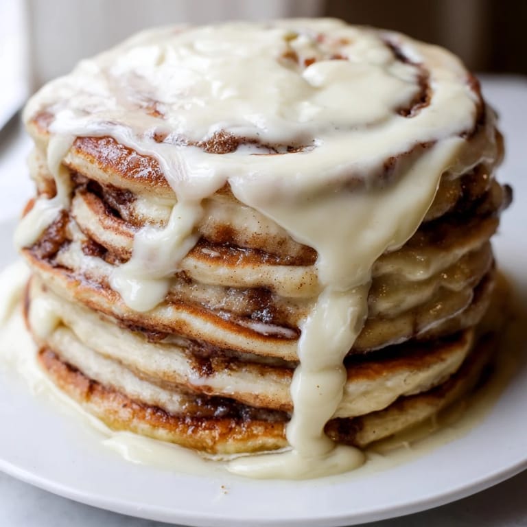 Warm, fluffy cinnamon roll pancakes with a swirling cinnamon filling, ready to be devoured.