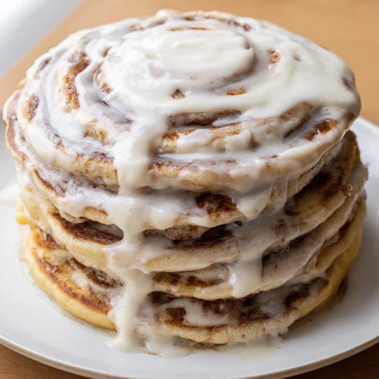 Stack of delectable cinnamon roll pancakes, served with decadent cream cheese glaze, a comforting brunch.