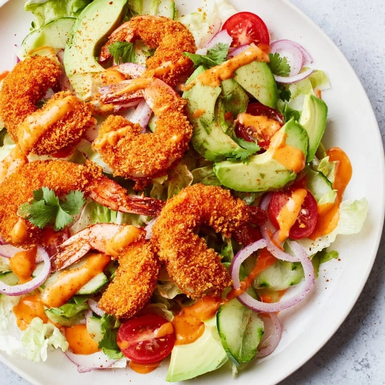 This Spicy Crispy Shrimp Salad features perfectly fried shrimp, drizzled with zesty sriracha-lime dressing.