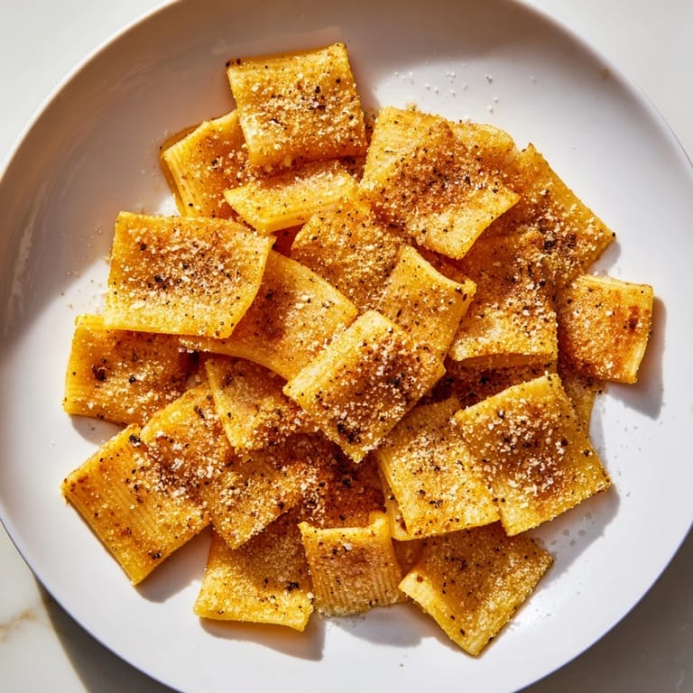 A close-up of delicious pasta chips: air-fried pasta coated with Parmesan and herbs, ready to serve.
