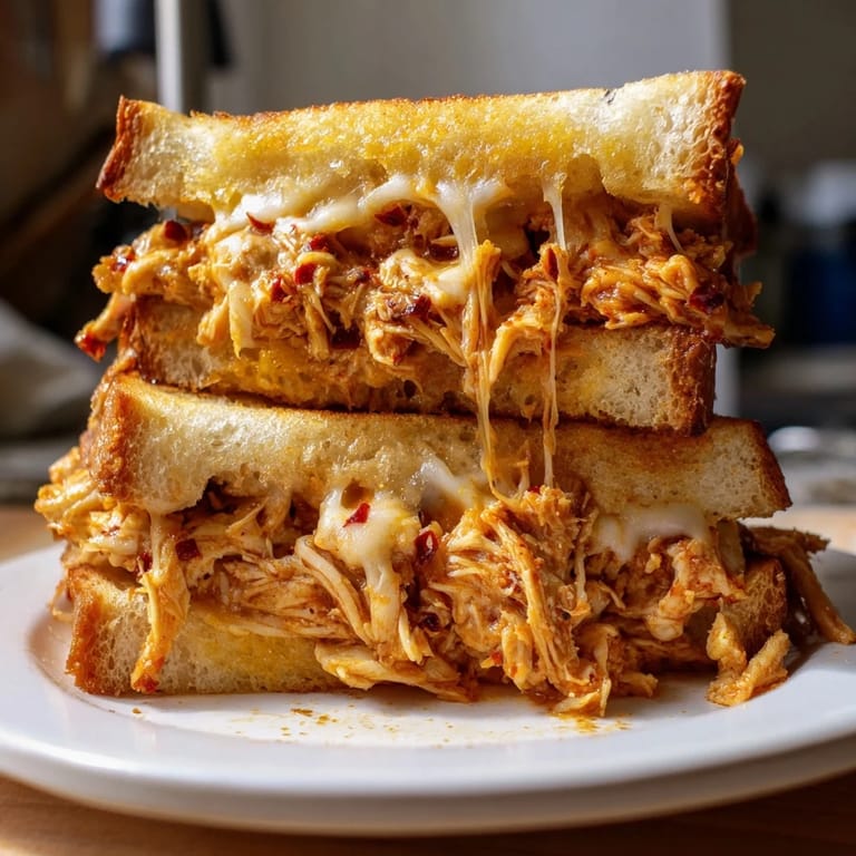A close-up of a perfectly grilled Chili Crisp Honey Chicken Grilled Cheese with a spicy aroma.