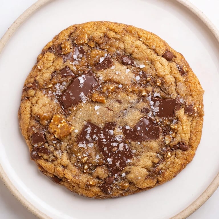 Close-up of baked Miso Brown Butter Cookies, showing chocolate chunks and delightful, textured edges.