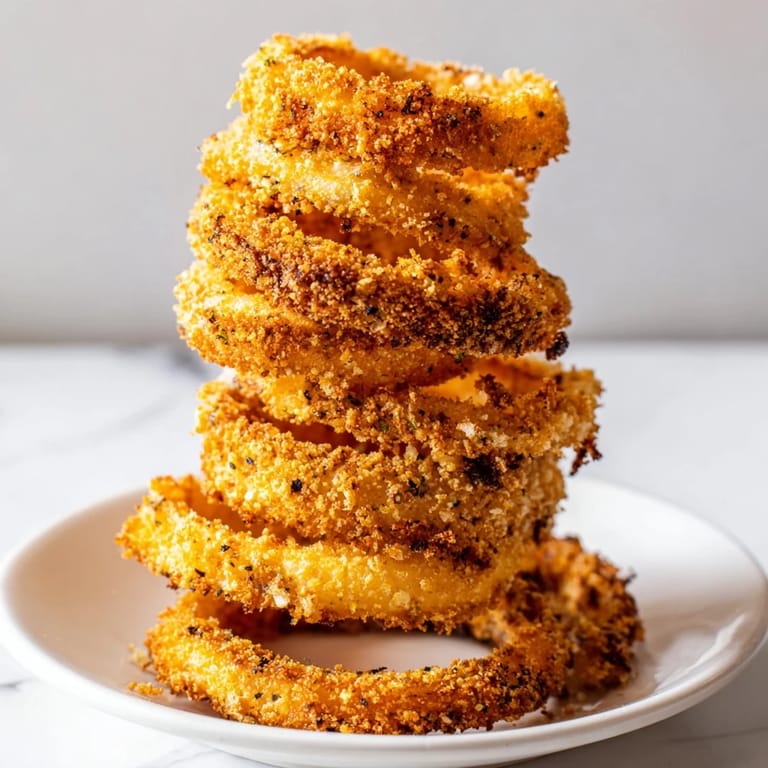 Perfect for a party, this visually impressive Crispy Onion Ring Tower offers satisfying crunch and savory flavors.
