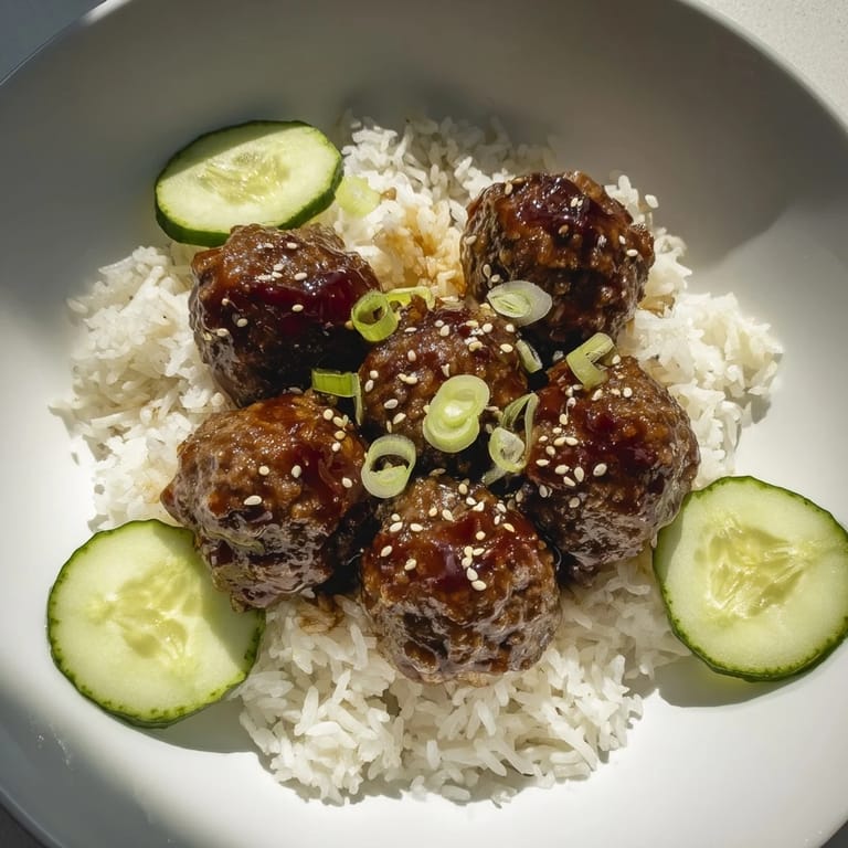 Delectable teriyaki meatball bowls: savory meatballs nestled on fluffy rice, finished with sesame seeds.