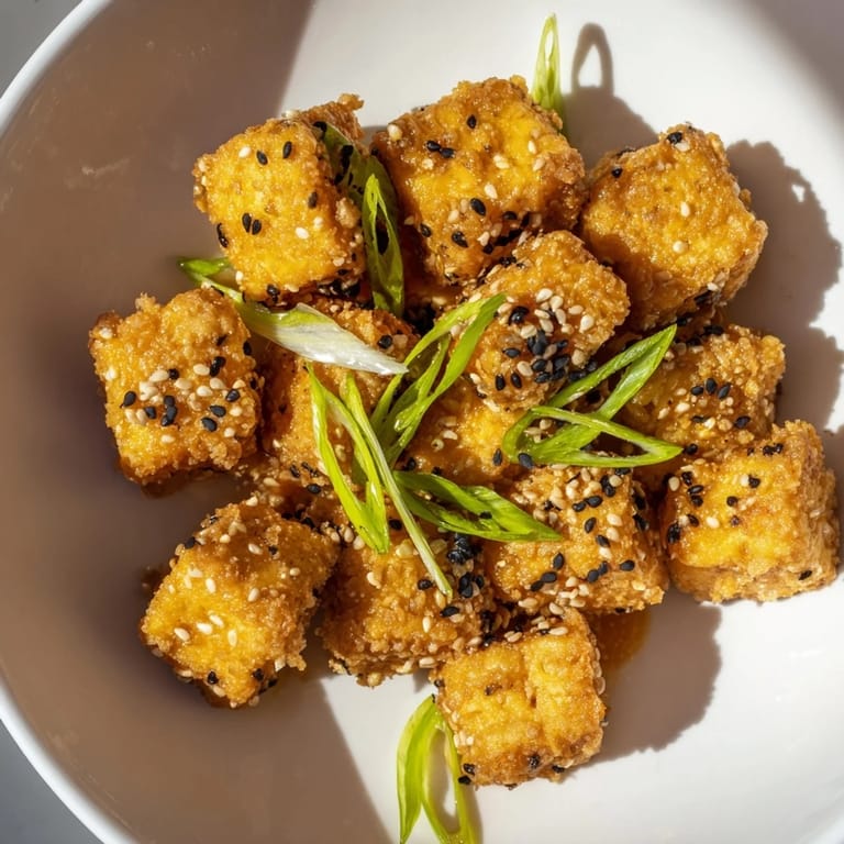 Air-fried Honey Sriracha Tofu Nuggets, coated in a sticky glaze with sesame seeds, a tasty vegetarian snack.