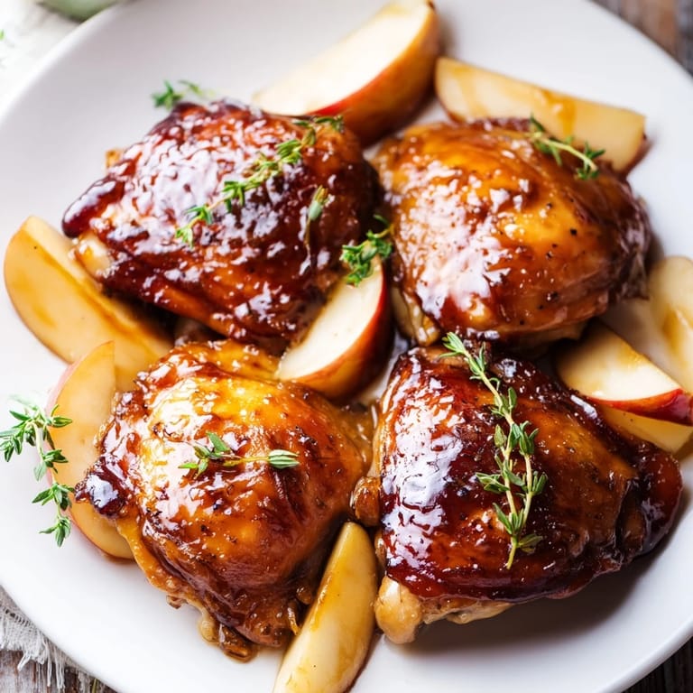 Close-up of baked Sticky Maple Apple Chicken, with caramelized edges and fresh thyme sprigs.