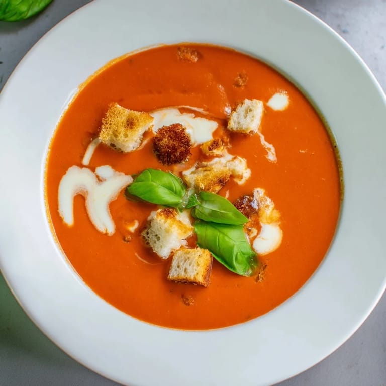 A close-up of a rich, red bowl of Creamy Roasted Garlic Tomato Soup, perfect for a chilly evening.