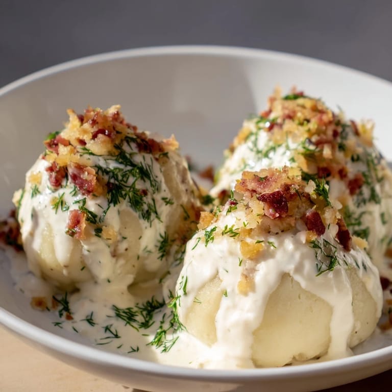 A close-up of hearty Cepelinai, showing tender potato dumplings and rich, creamy sour cream sauce.