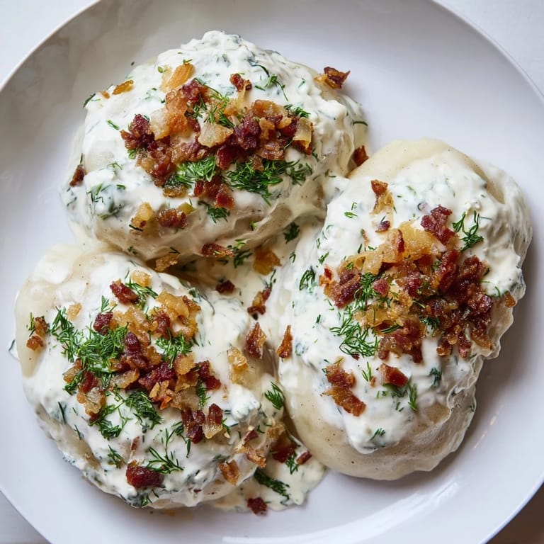 Delicious Lithuanian Cepelinai sits in a bowl, alongside bacon bits, ready for a flavorful bite.