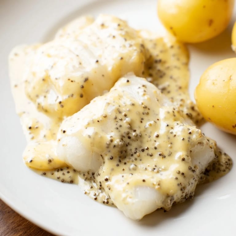 A plate of traditional Norwegian Lutefisk, moist white fish with a rich, yellow mustard sauce.