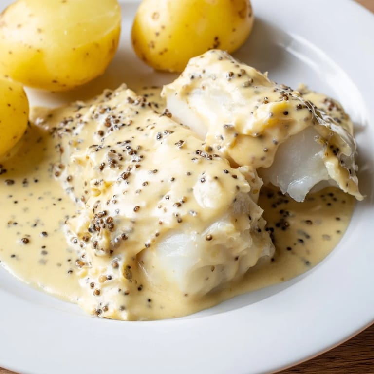 The delicious aroma of Norwegian Lutefisk wafts from the dish, paired with boiled potatoes and crispbread.
