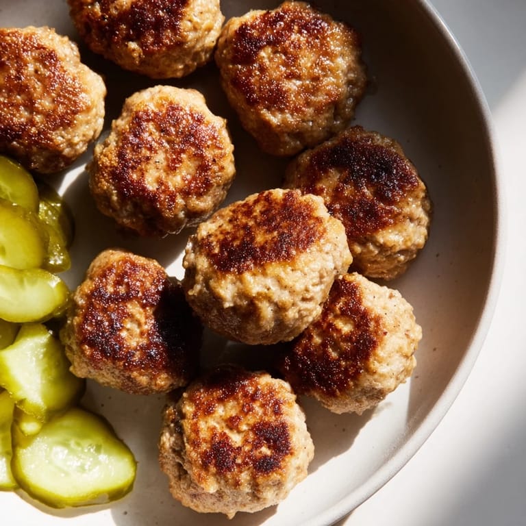 A close-up of pan-fried Danish Frikadeller, showcasing their juicy interiors and crispy exterior.